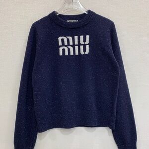 Miu Miu Navy Blue Logo Crew Neck Sweater
